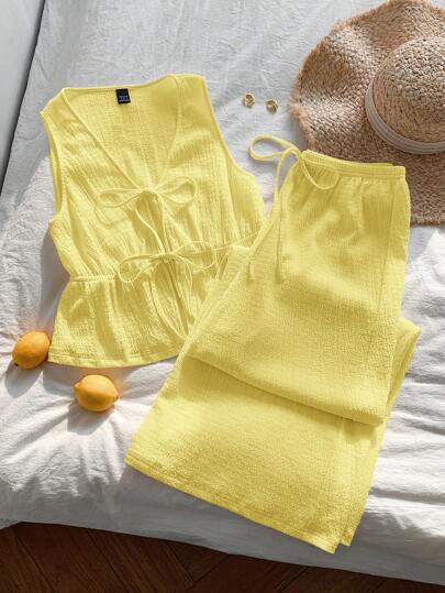 Comfortcana Conjunto informal de camisa sin mangas con nudo delantero de punto amarillo mostaza y pantalones para mujer