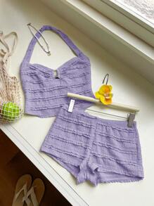 SHEIN EZwear Women's Summer Textured Halter Neck Tank Top And Ultra Shorts Set For Vacation