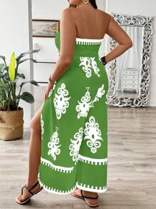 SHEIN Clasi Mono estampado de talla grande con hombros descubiertos y diseño de dobladillo con abertura - Verde - Ver 2