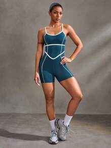 Powerista 对比色边露背吊带背心无缝连体裤运动裤 - 霧霾藍 - 查看 2