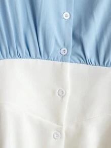SHEIN Clasi 女式拼色短袖V领衬衫，夏季时尚 - 藍白色 - 查看 3