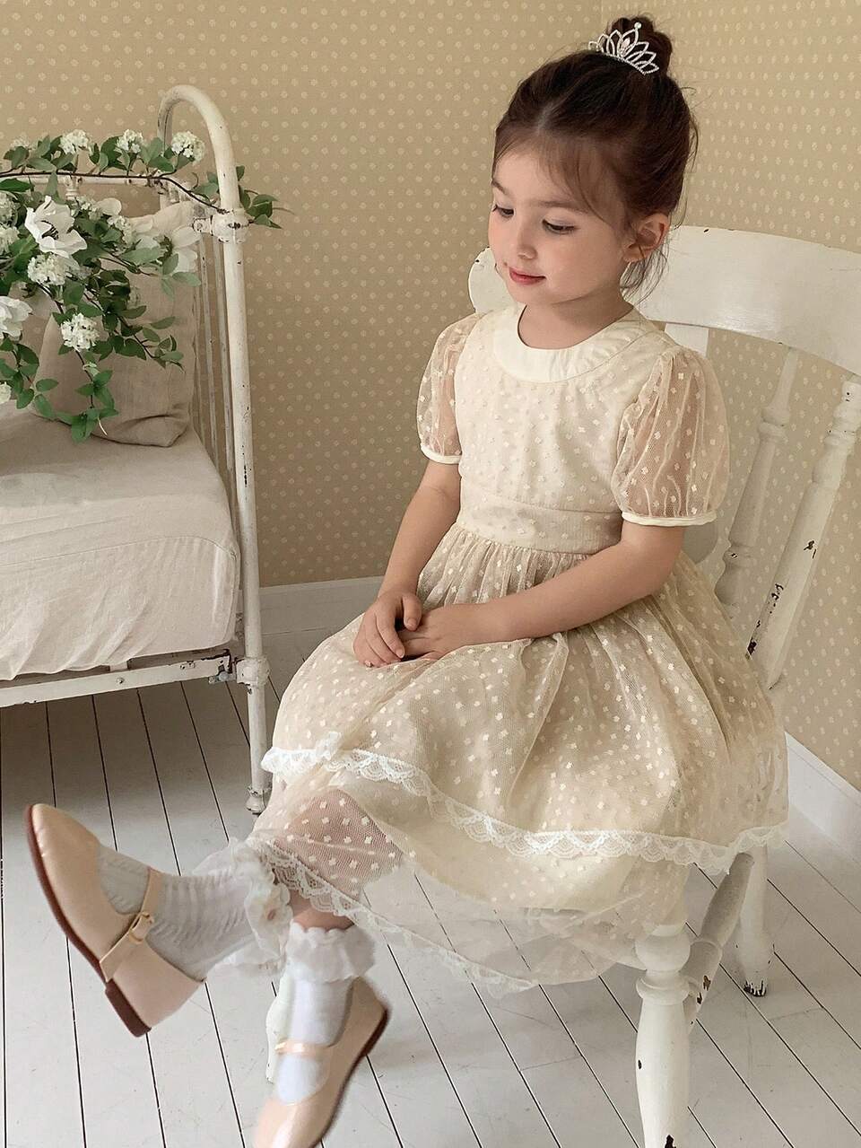 Young Girl Round Neck Short Sleeve Casual Dress, Summer