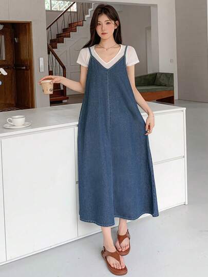 DAZY 女式宽松牛仔吊带连衣裙，春夏