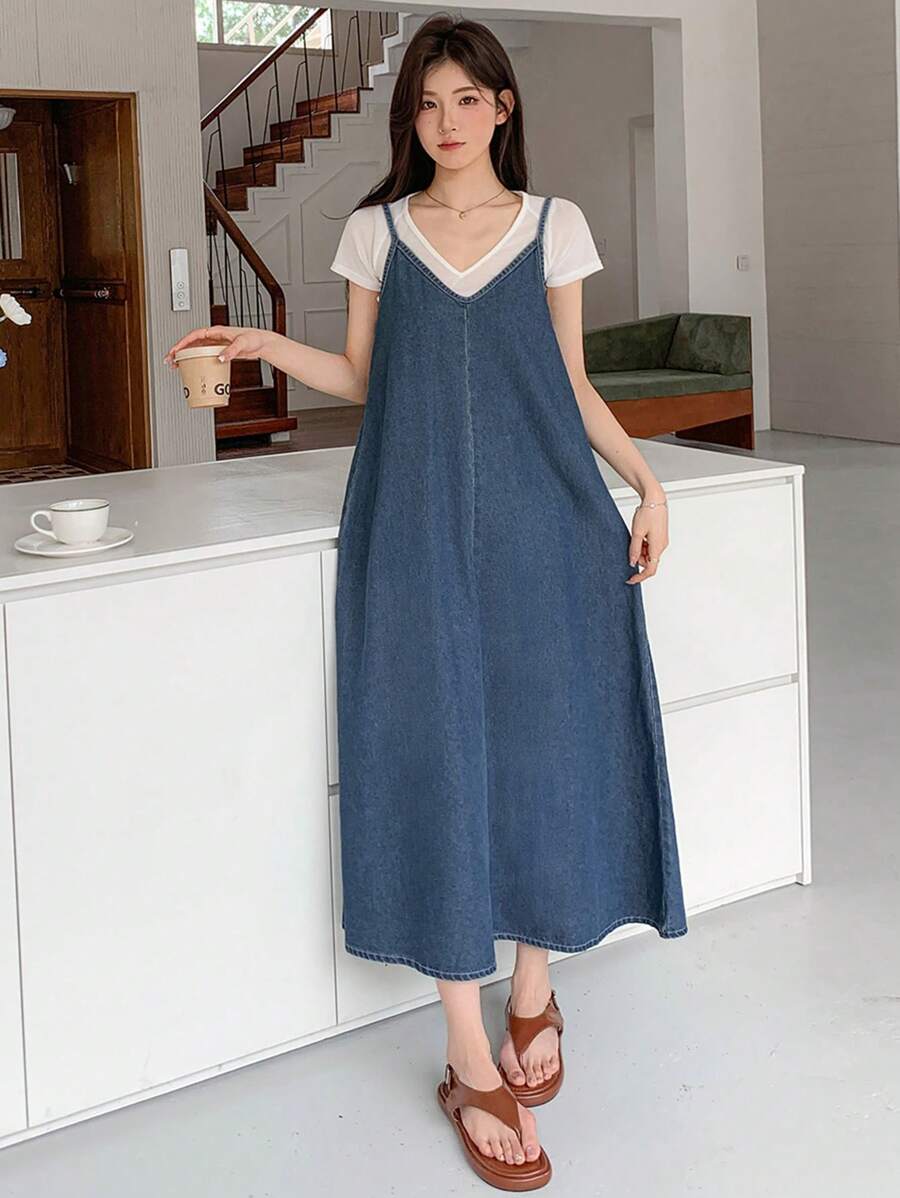DAZY 女式宽松牛仔吊带连衣裙，春夏 - 水鴨藍 - 查看 1