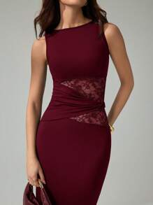 SHEIN Tall Svart elegant spetssömnad lång klänning för kvinnor, eleganta damklänningar, festkläder för kvinnor, nyårsklänning för kvinnor, svarta damklänningar, nyårsoutfit för kvinnor, nyårsfestklänning - Bourgogne - Visa 5