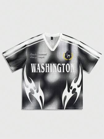 Prep Men's V-Neck Contrast Striped Jersey Short-Sleeved Casual Letter Pattern Summer Polo Shirt
