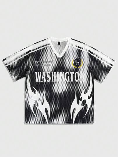 Prep Men's V-Neck Contrast Striped Jersey Short-Sleeved Casual Letter Pattern Summer Polo Shirt