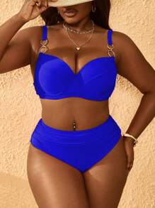 Slaydiva Plus Size Women 2 Pieces Solid Magenta Color High Waist Ruffled Triangle Swimsuit With Underwire & Adjustable Strap For Summer Beach Vacation - Blue - View 5