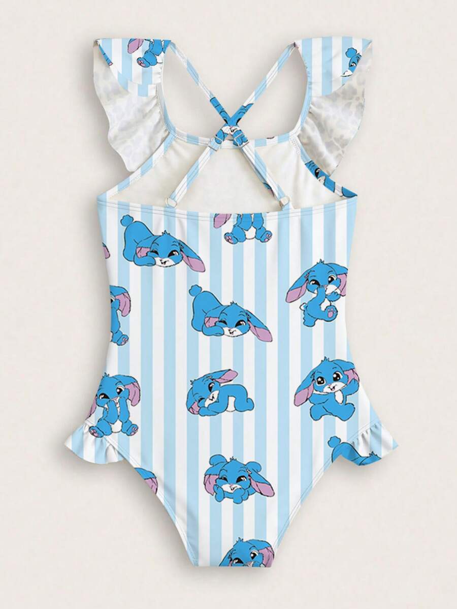 Young Girl Cartoon Striped Print Ruffle One-Piece Swimsuit For Vacation Swimsuits For Girls Modern Swimsuits For Girls One Piece Bathing Suits For Toddlers Bathing Suits For Girls One Price Bathing Suits For Girls Young Girls One Pieces - Multicolor - View 1