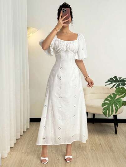 Modelyn French Vintage Vacation Style Square Collar Embroidered Fabric Puff Sleeve Cinched Waist Women Midi Dress, Spring/Summer