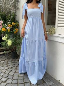 SHEIN Unity Vestido largo con correa de espagueti de cintura alta, escote cuadrado, sin mangas y espalda descubierta con cordón, a rayas azules, de estilo sexy y de vacaciones, para primavera/verano - Azul - Ver 6