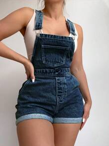 SHEIN ICON 大码夏季休闲水洗牛仔背带裤 - 霧霾藍 - 查看 5