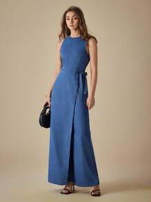 SHEIN Frenchy 女式纯色休闲无袖阔腿牛仔连体裤 - 藍色 - 查看 4