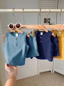 SHEIN 6件套男婴可爱休闲针织上衣和短裤套装，夏季基本款服装 - 藍色 - 查看 7