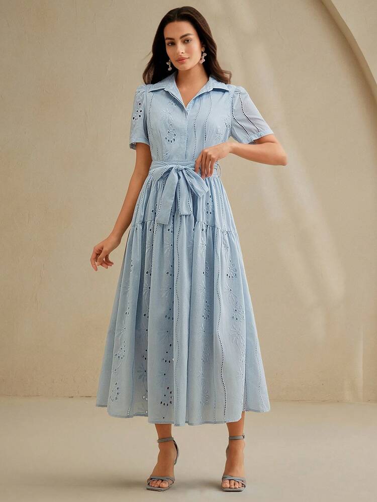 Women's Collared Short Sleeve Cinched Waist Cinched Waist Loose Long Dress
