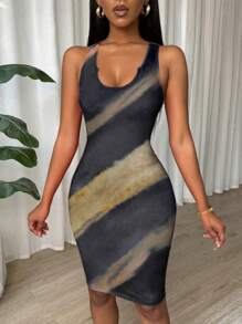 Almamuse Tie Dye Pleated Slim Fit Sleeveless Bodycon Dress For New Year Clothes Women Short Dresses Summer