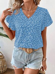 EMERY ROSE Women's V-Neck Casual Heart Print Ruffle Short Sleeve Blouse, Summer - Multicolor - View 3