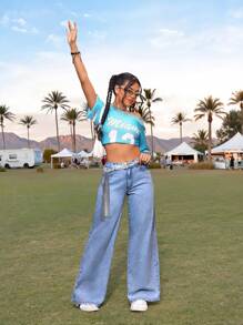 SHEIN PETITE Women's Loose Fit Wide Leg Pockets Casual Versatile Jeans - Medium Wash - View 3