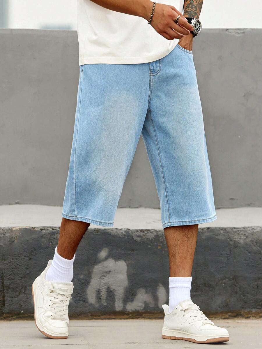 Manfinity Homme 男士休闲宽松口袋牛仔阔腿短裤 - 中等水洗藍 - 查看 1