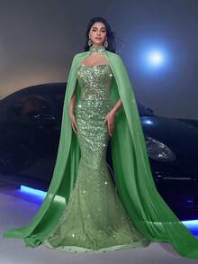 Glamrae Elegant Fancy Contrast-Color Beaded Sequin Splicing Tulle Mermaid Skirt With Detachable Sequin Panel, Suitable For Wedding, Party, Banquet, Ball Gown - Green - View 5