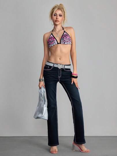 J-Fashion Y2K Rose Print Halter Tie Women Bra