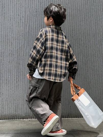 Dazy Kids 男童宽松休闲格子衬衫，秋季长袖上衣