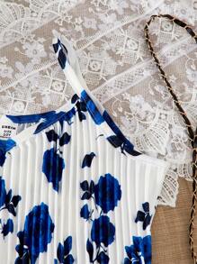 2pcs/Set Tween Girl Floral Print Pleated Slip Dress & Elegant Jacket - Royal Blue - View 4