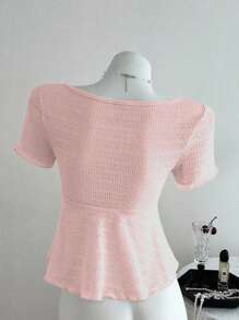 Elamini Áo thun cổ chữ V tay ngắn thắt nơ thời trang mùa xuân/hè, vải có họa tiết ôm vừa vặn dành cho nữ - Hồng - Xem 2