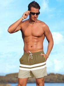 Surfspeed Pantalones cortos de playa holgados con rayas para hombre, estilo de vacaciones - Mostaza Amarilla - Ver 5