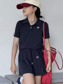 DAZY Tween Girls Knit Collar Bow Embroidered Short Sleeve Top+Skirt 2-Piece Set, Summer - Navy Blue - View 3
