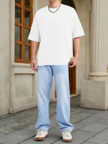HIMLAND 男士休闲纯色落肩T恤，夏季，情侣装 - 白色 - 查看 4