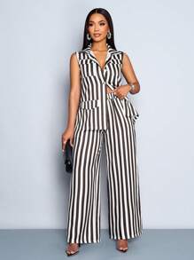 SOLERSUN Women's Casual Commuting Suit, Stripe Pattern, Front And Center Button Closure With Pockets, Vest Set, Summer Suit, Vacation & Daily Wear (Random Floral) - Green - View 1