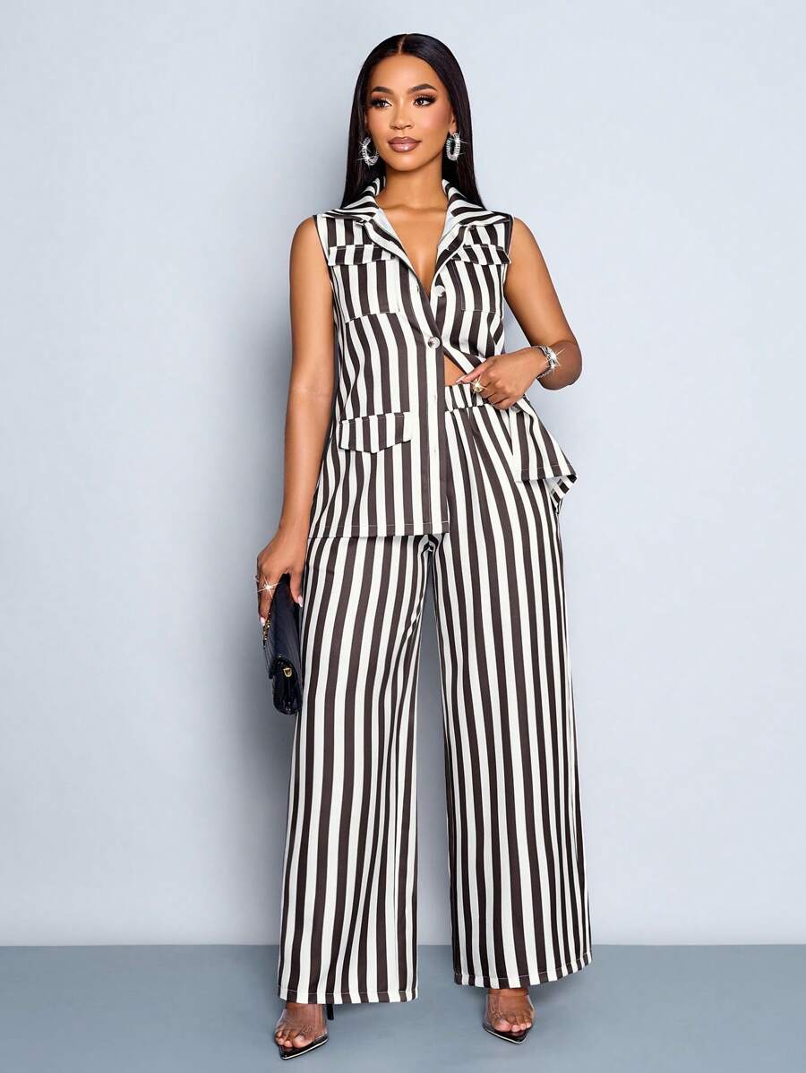 SOLERSUN Women's Casual Commuting Suit, Stripe Pattern, Front And Center Button Closure With Pockets, Vest Set, Summer Suit, Vacation & Daily Wear (Random Floral) - Green - View 1