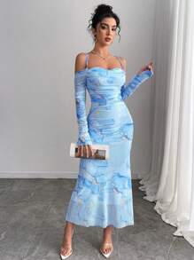 Elenzga 大码女式粉色印花网眼荷叶边露肩修身长袖连衣裙 - 藍色 - 查看 4