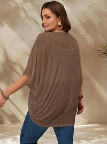 EMERY ROSE Plus Size Vacation Solid Color Asymmetric Hem Batwing Sleeve Casual Jacket,Spring/Summer Fall Women Clothes,Autumn,Fall Clothes Brown Cover Up Summer Cardigan Plus Size Brown Cardigan Coffee Brown Top Winter - Brown - View 2