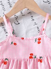 SHEIN Vintaside Kids 小女孩（小码）粉色和白色格子樱桃印花吊带背心和短裤套装，透气舒适的夏季服装