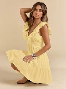 SHEIN BAE Solid Color White Linen Deep V-Neck Short Sleeve Fitted Short Mini Dress, Vacation Dress, White Dress, Graduation/Back To School Dress,Boho Clothes Women - Yellow - View 4