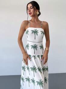 Firerie Women's Elegant Casual Beach Vacation New Palm Tree Print Cinched Waist Maxi Slip Dress, Summer - Green - View 8