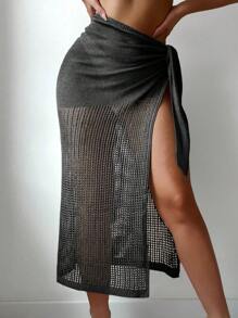 SHEIN Swim Women's Beach Vacation Crocheted Cover Up Skirt - Black - View 4