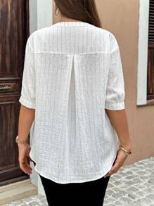 EMERY ROSE 大码竖条纹落肩休闲半襟拱形下摆衬衫