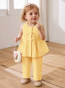 Cozy Pixies 2pcs Baby Girls Bow Decor Sleeveless Crew Neck Top And Elastic Waist Pants Set - Yellow - View 4