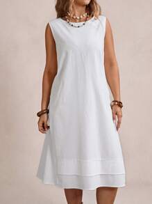 Freevana Plus Size Solid Color Sleeveless Round Neck Midi Dress,Beach Dress Sundress,Holiday Outfits Boho