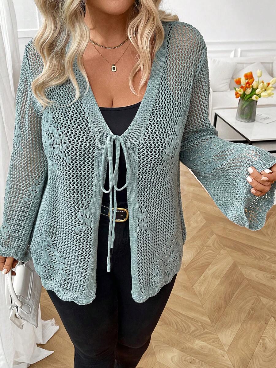 SHEIN LUNE Áo len cardigan nhẹ tay dài dệt kim rỗng rút dây màu trơn cỡ lớn cho nữ, áo khoác nhẹ mùa hè - màu xanh lá - Xem 1