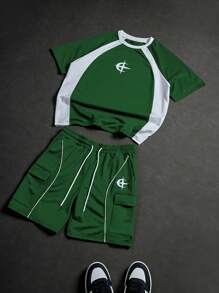 Manfinity Streetrush Set de 2 piezas de camiseta y shorts casuales de verano de hombre con bloques de color