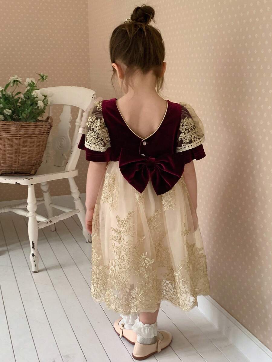 DAZY Vestido de niña de estilo vintage burdeos, ropa de otoño para niña joven - Burdeos - Ver 1