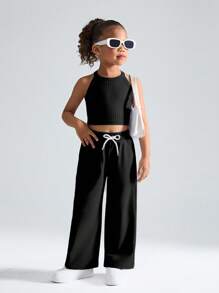 SHEIN 年轻女孩纯色休闲运动高弹力圆领背心+宽松阔腿松紧腰运动裤套装，舒适夏季运动，日常休闲穿着