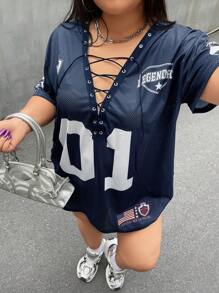 SHEIN EZwear Plus Size Drawstring Ball Graphic Letter Print Loose Navy T-Shirt Oversized Jersey Football Jersey Women,Back To School