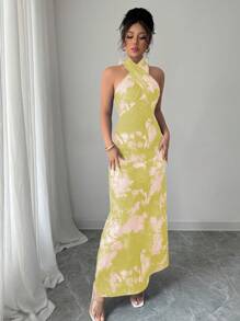 Elenzga Elegancka marmurkowa sukienka maxi z nadrukiem tie-dye i halterem - Żółty - Zobacz 5