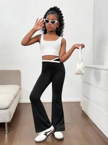 Tween Girls' Fashionable Versatile Criss-Cross Color Blocking Waistband Fitted Flared Pants - Black - View 5