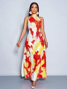 SOLERSUN Vestido largo con estampado floral, abertura en la espalda y cintas para atar, elegante para playa, vacaciones y citas en primavera/verano - Rojo - Ver 4
